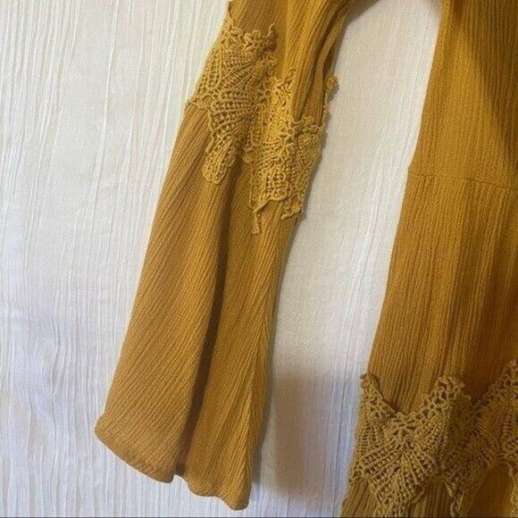 Taylor & Sage Womens Small Mustard Bell Sleeve Tie V-Neck Boho Peasant Blouse - Picture 7 of 10